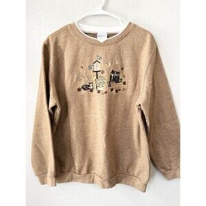 Vintage 80s 90s BonWorth Embroided Kitty Cat Tan Top Size Medium Sweatshirt